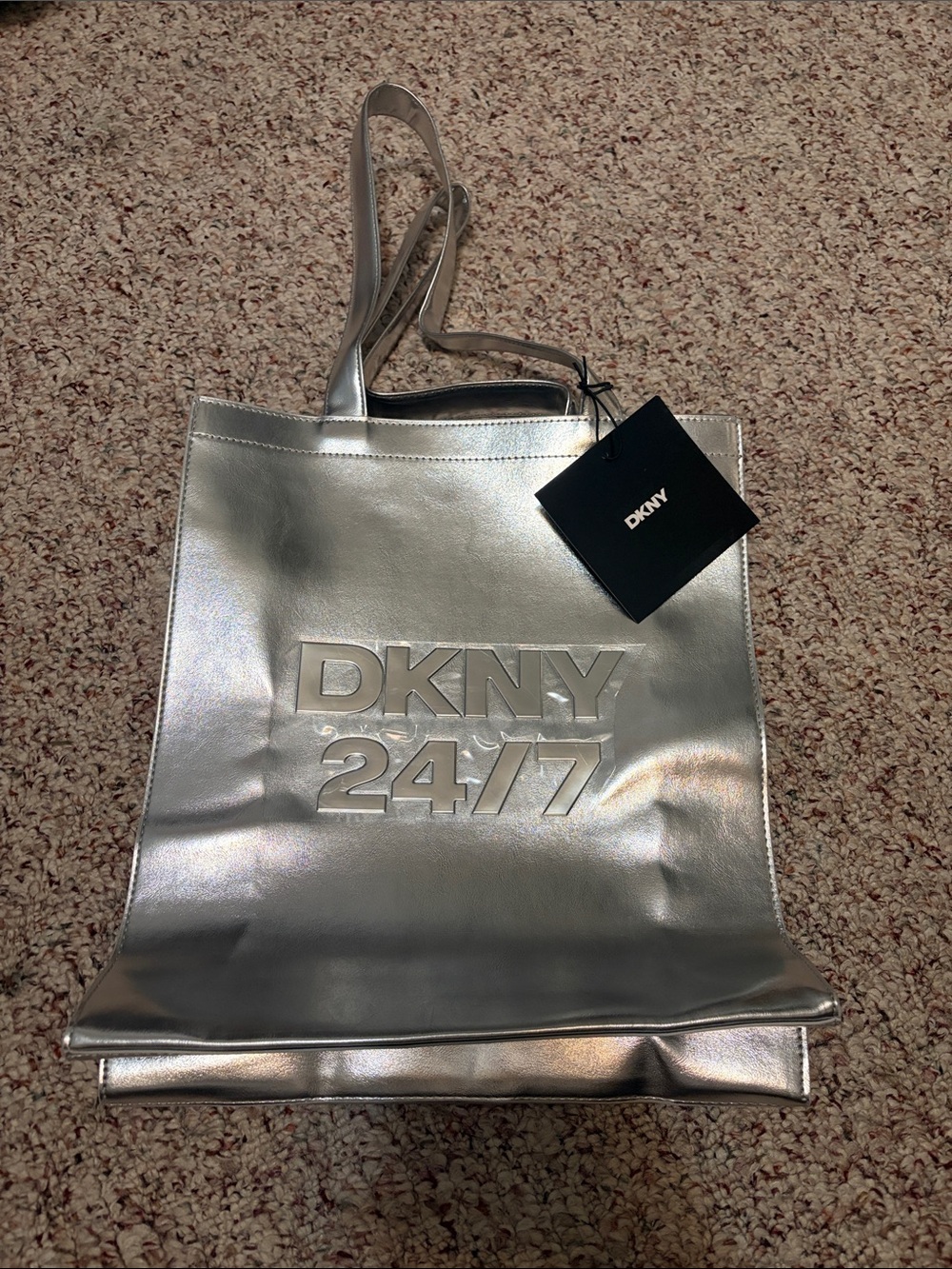 DKNY Metallic Silver 24/7 Embossed Tote Messenger Bag